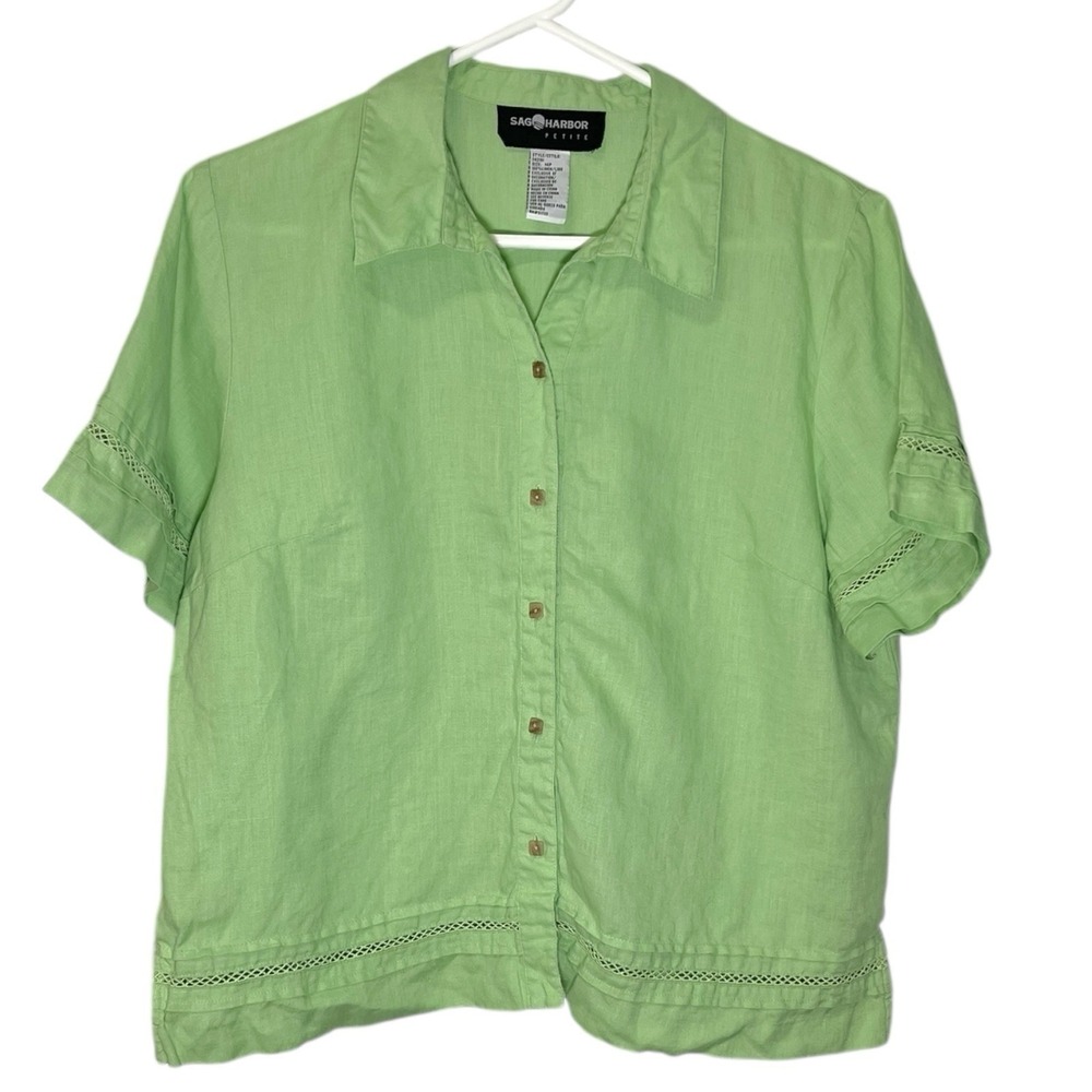 Sag Harbor 14P Green Linen Button Down Shirt Crochet Trim Coastal Grandma